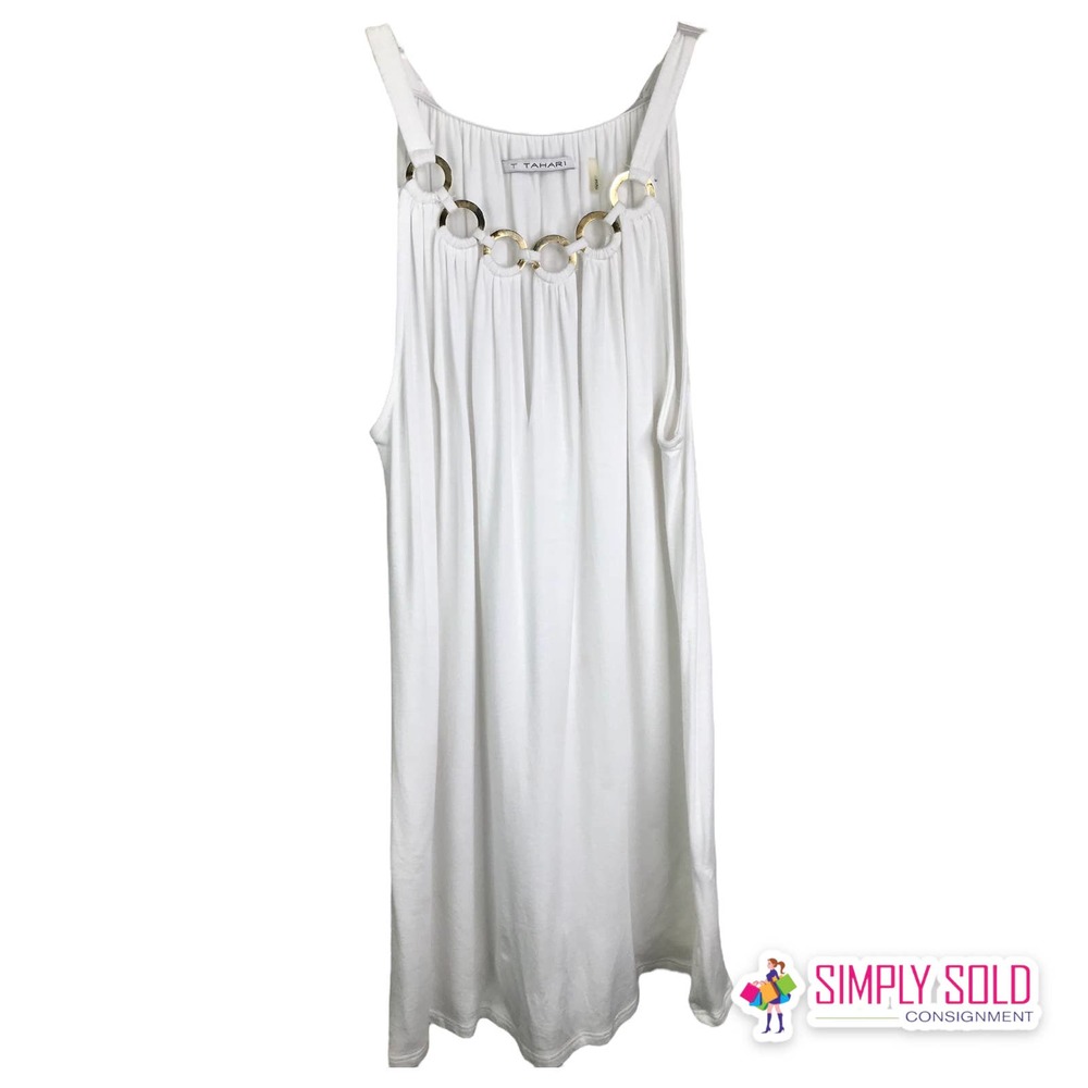 Tahari Women Tank Top Shirt White Gold O-Ring Neckline Drop Waist Sleeveless XS‎